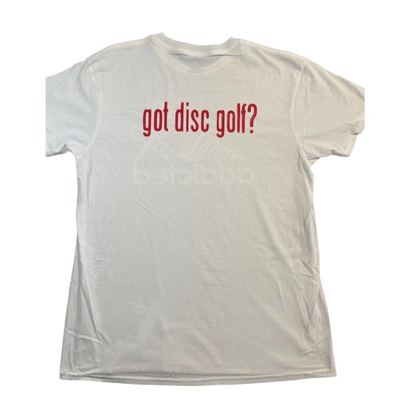 Disc Golf Shirt ADDICTED Basket Red Logo L Graphic T-Shirt Gildan White - Picture 2 of 10